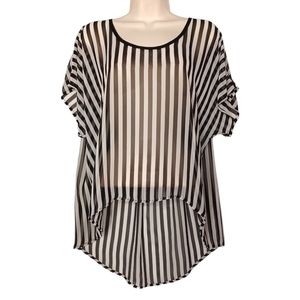 BOBEAU Black White Stripe Print Short Sleeve Semi Sheer Top X-Large